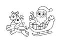 Santa Claus flying in sleigh with gifts and reindeer. Christmas and New Year illustration. Black and white vector illustration for
